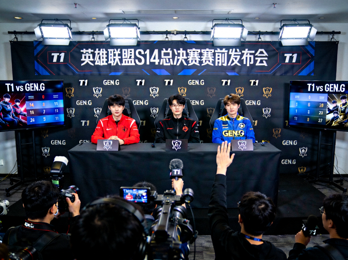 英雄联盟S14总决赛T1对阵GEN.G赛前发布会现场